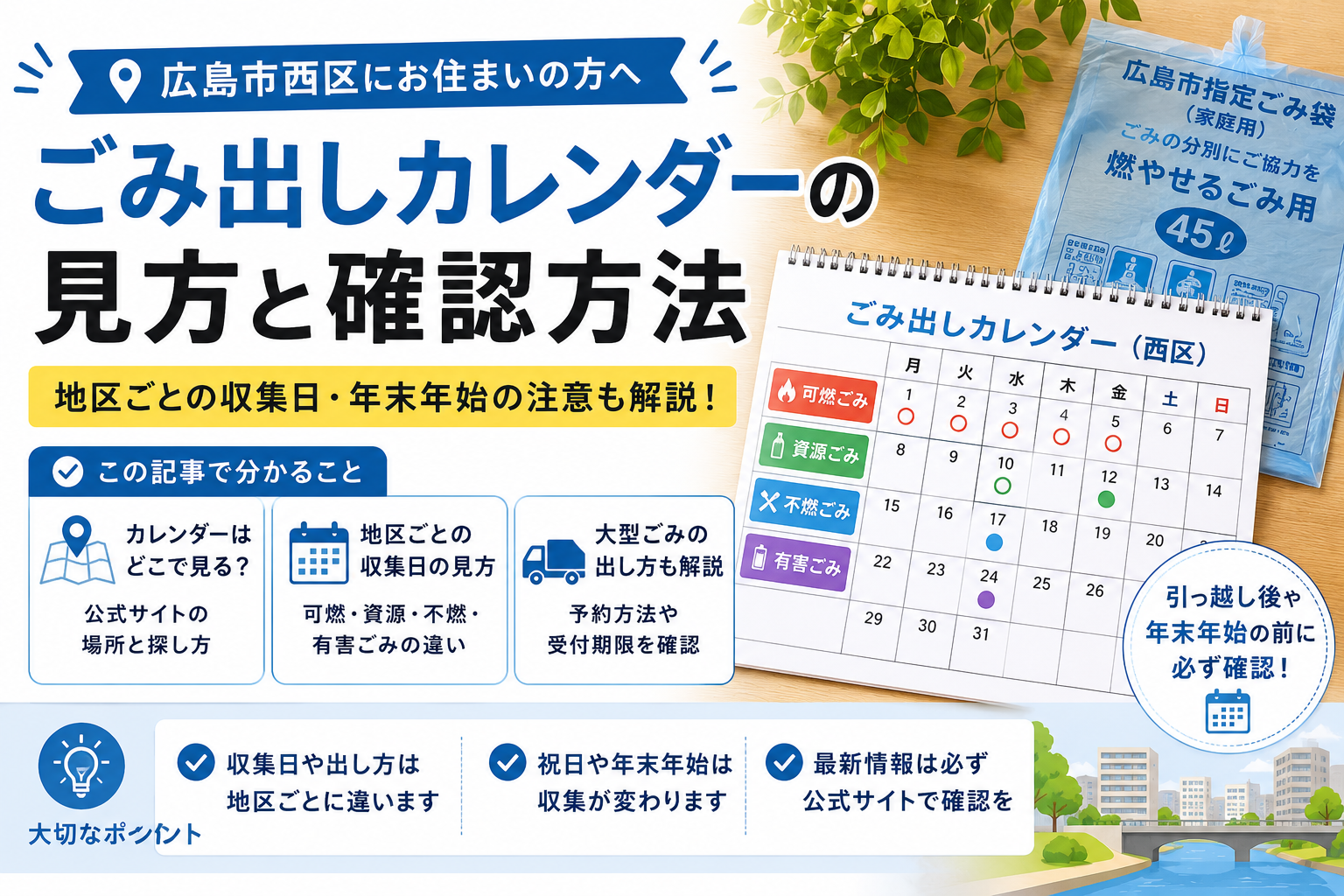 広島市西区のごみ出しカレンダー｜地区の選び方と可燃・資源・不燃の